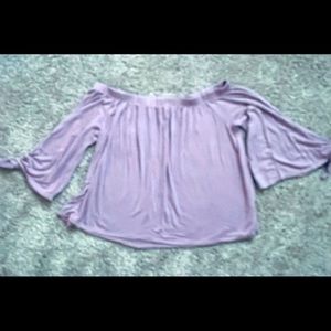 Lavender off the shoulder crop top with ties on bottom of sleeves.